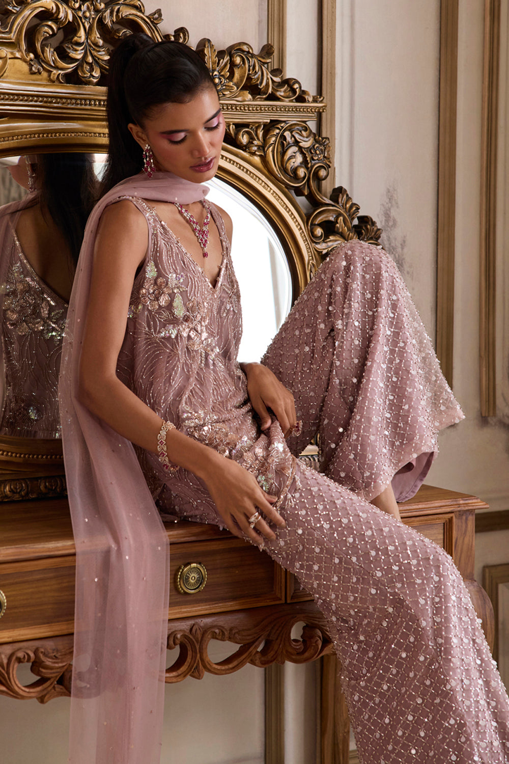 Sanya Gulati - Champagne Rose Kurta and Pants Set from Param Sundari