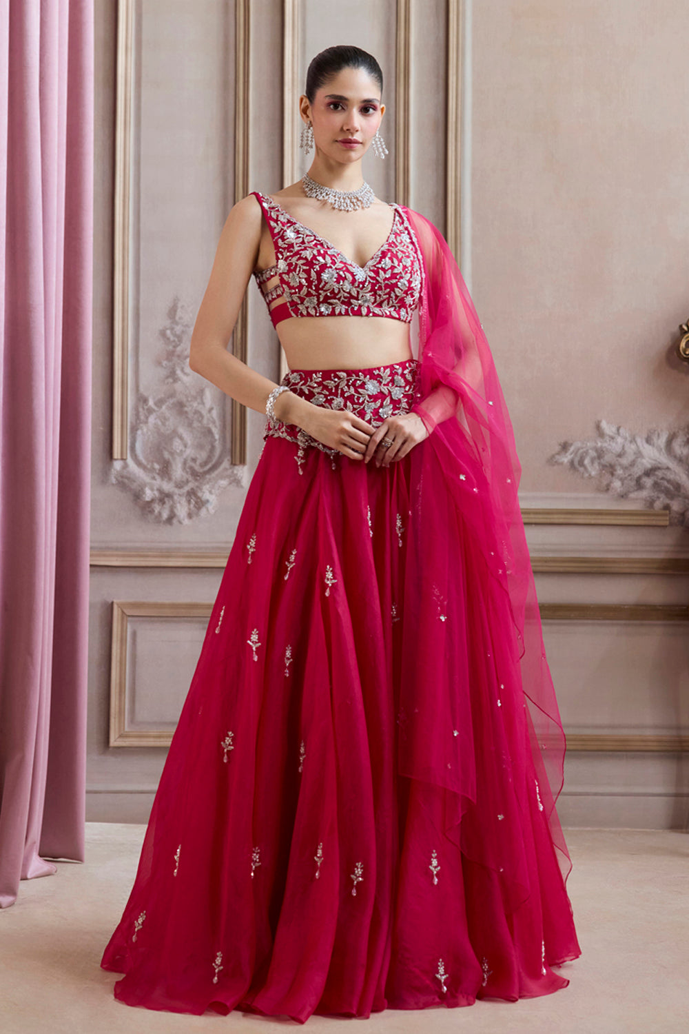 Sanya Gulati - Magenta Organza Lehenga With Embroidered Belt from Param Sundari