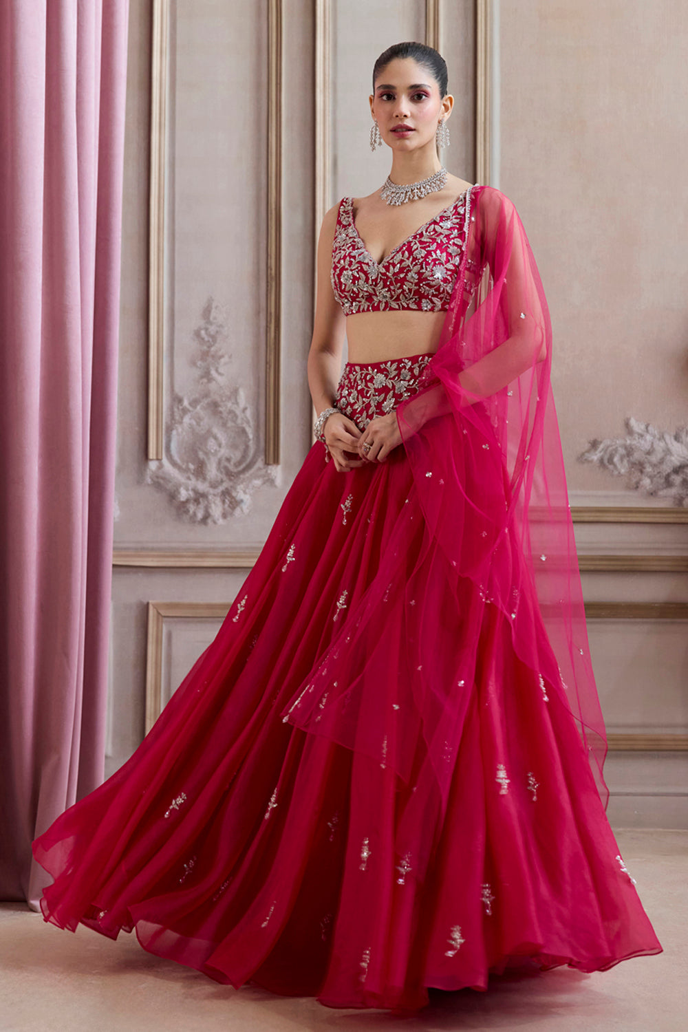 Sanya Gulati - Magenta Organza Lehenga With Embroidered Belt from Param Sundari