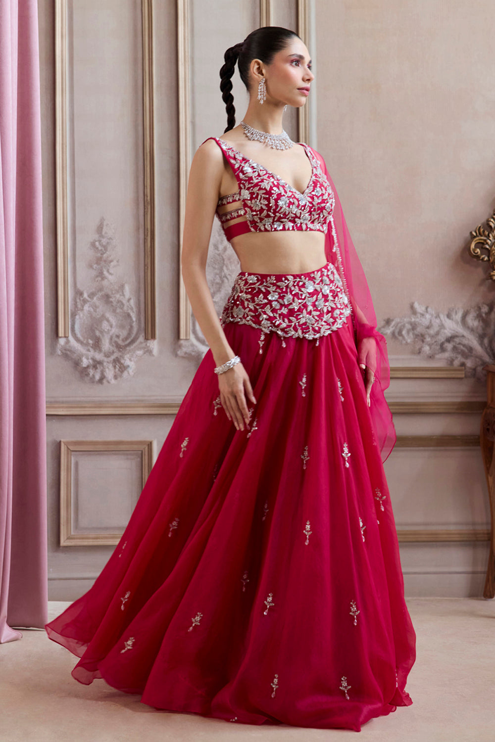 Sanya Gulati - Magenta Organza Lehenga With Embroidered Belt from Param Sundari