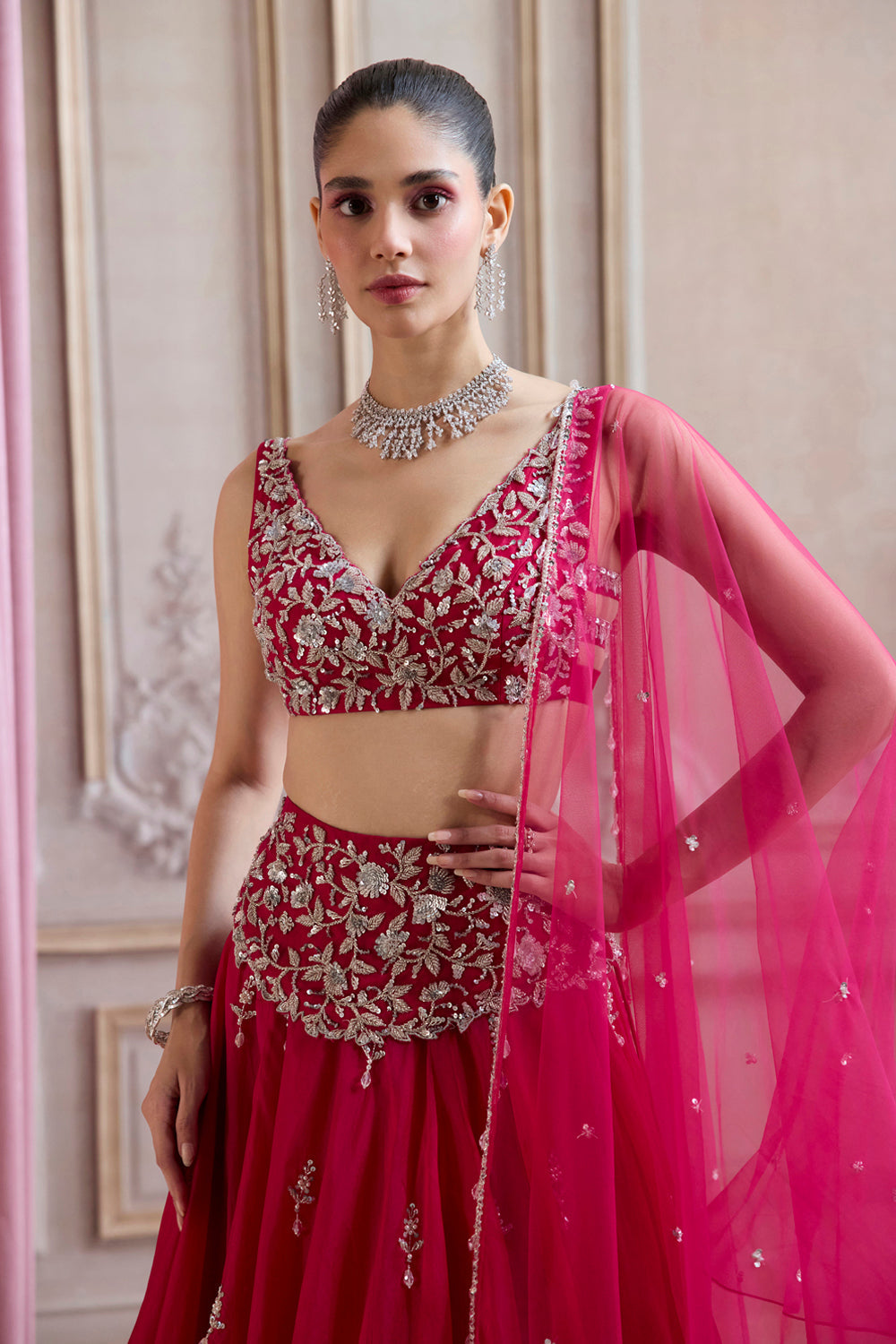 Sanya Gulati - Magenta Organza Lehenga With Embroidered Belt from Param Sundari