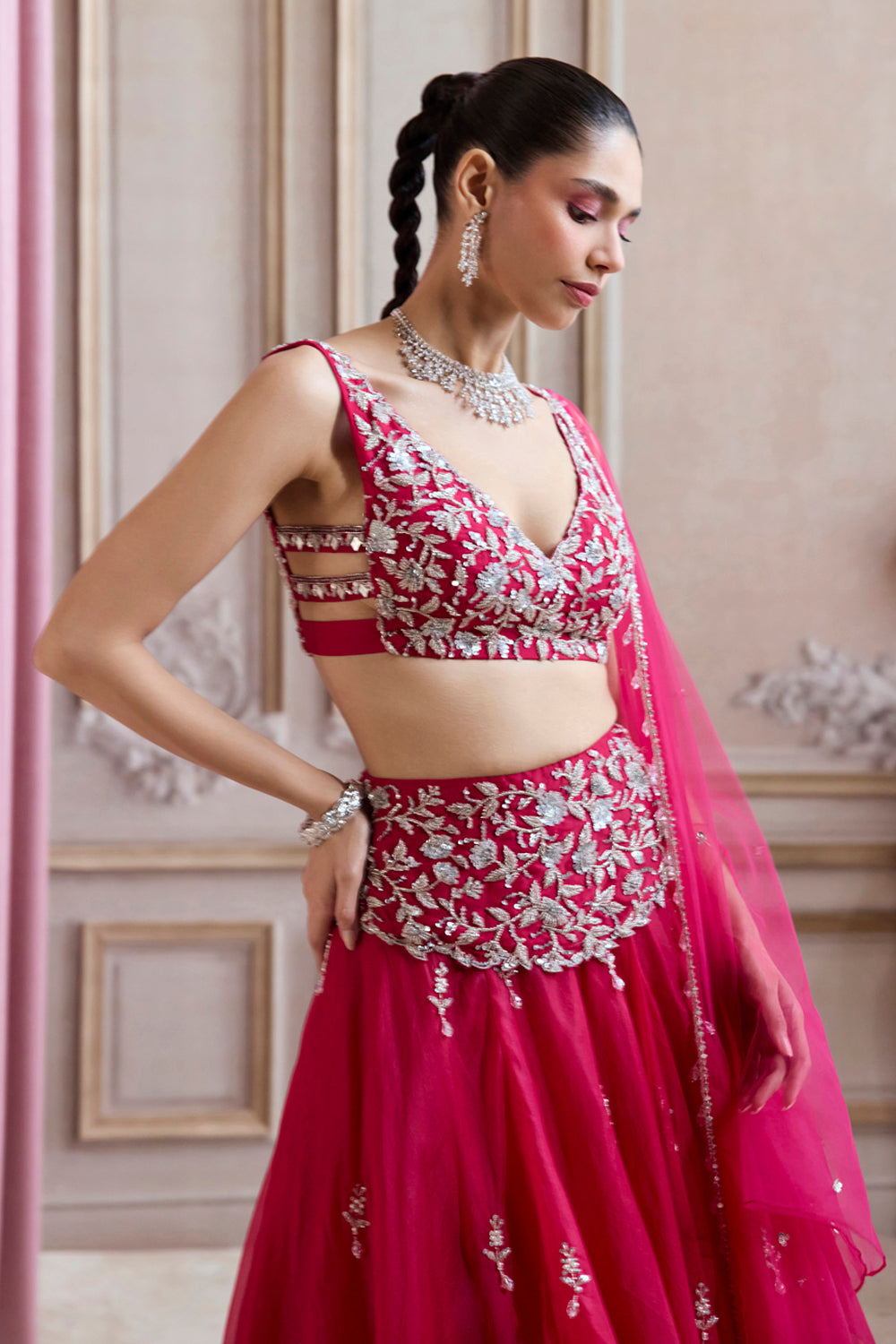 Sanya Gulati - Magenta Organza Lehenga With Embroidered Belt from Param Sundari