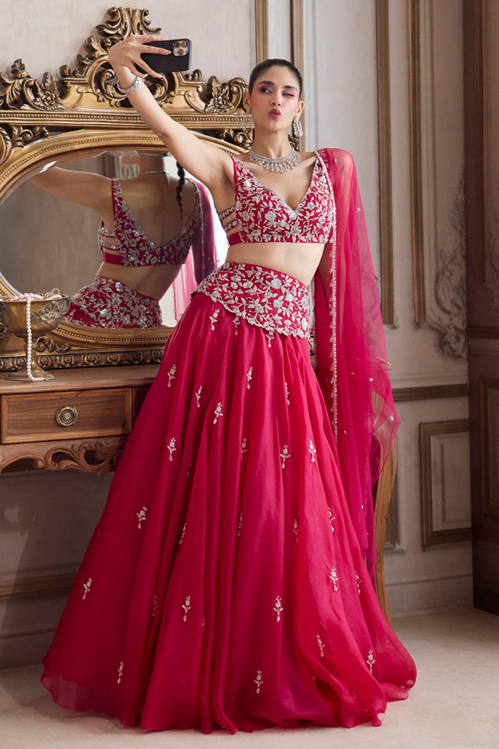 Sanya Gulati - Magenta Organza Lehenga With Embroidered Belt from Param Sundari