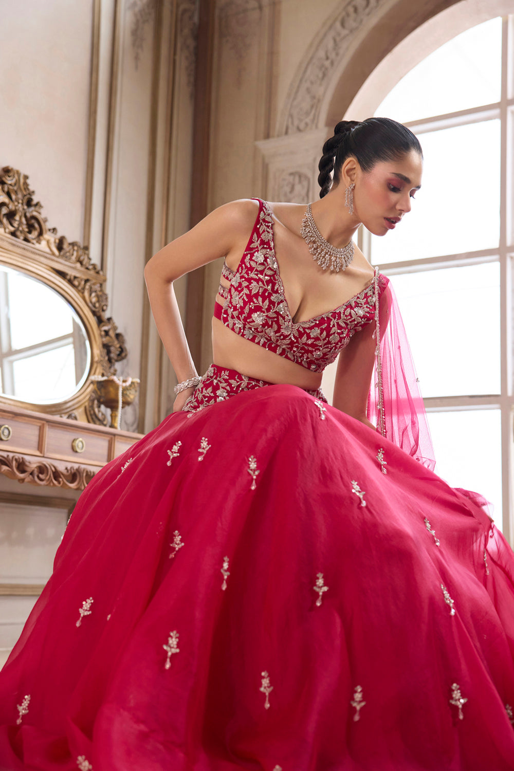 Sanya Gulati - Magenta Organza Lehenga With Embroidered Belt from Param Sundari