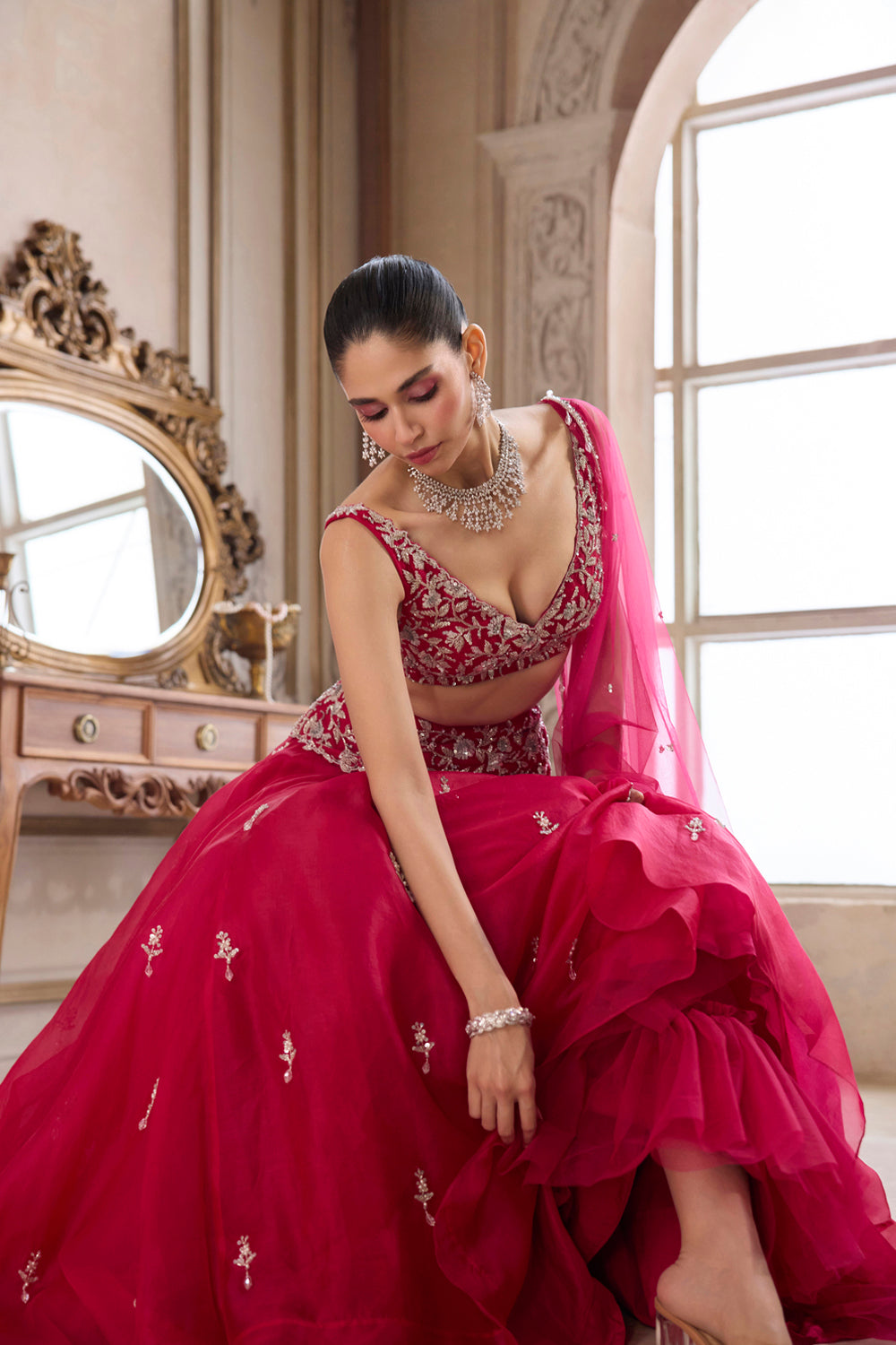 Sanya Gulati - Magenta Organza Lehenga With Embroidered Belt from Param Sundari
