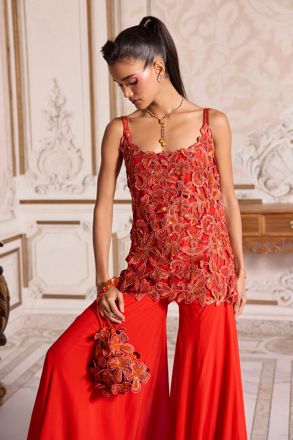 Sanya Gulati - Rust 3D Flower Potli from Param Sundari