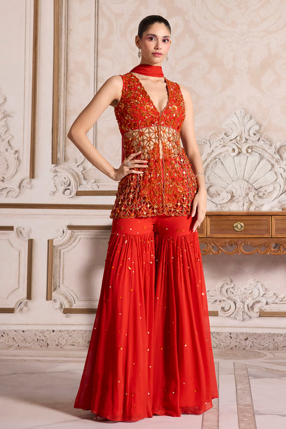 Sanya Gulati - Rust Cutwork Peplum and Sharara Set from Param Sundari