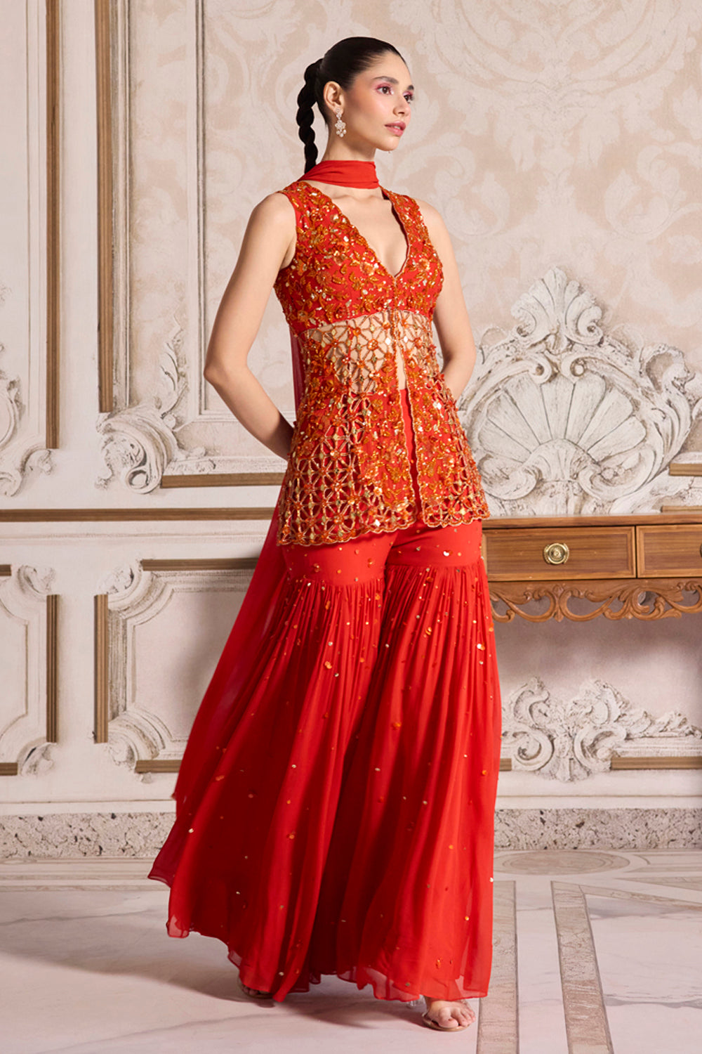 Sanya Gulati - Rust Cutwork Peplum and Sharara Set from Param Sundari