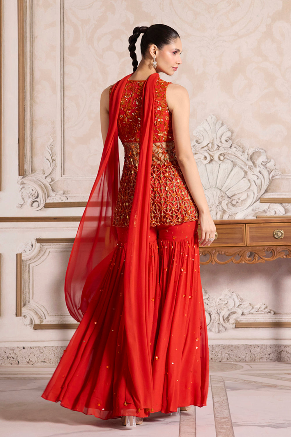 Sanya Gulati - Rust Cutwork Peplum and Sharara Set from Param Sundari