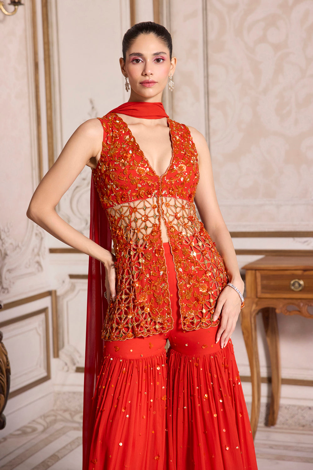 Sanya Gulati - Rust Cutwork Peplum and Sharara Set from Param Sundari