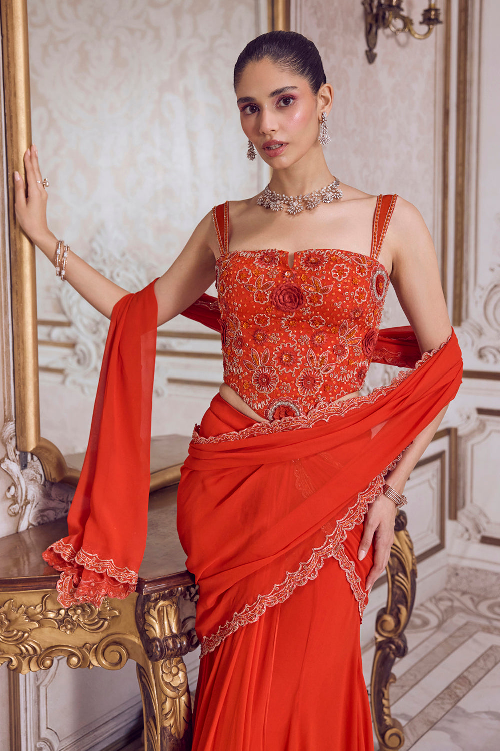 Sanya Gulati - Rust Pre-Draped Saree and Corset from Param Sundari