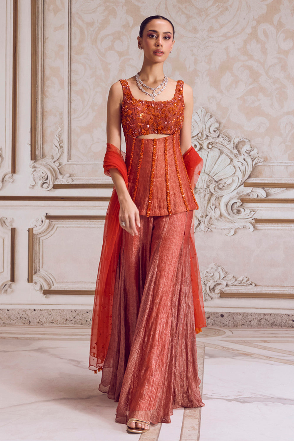 Sanya Gulati - Rust Crushed Tissue Corset and Sharara Set from Param Sundari