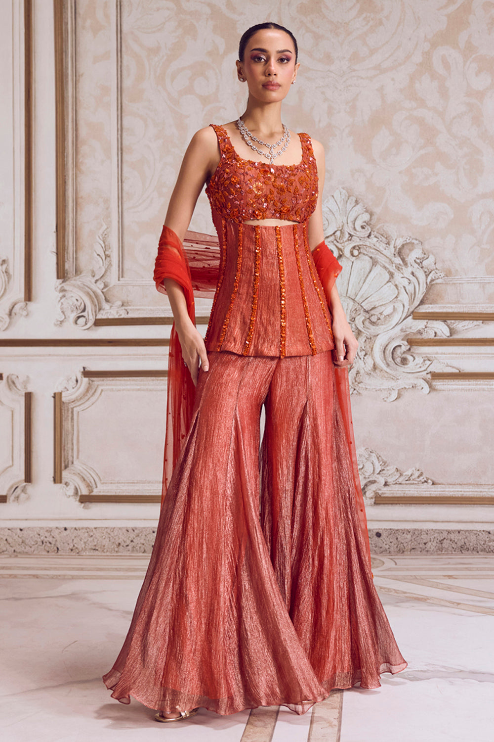 Sanya Gulati - Rust Crushed Tissue Corset and Sharara Set from Param Sundari