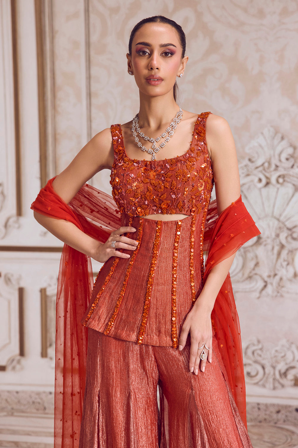 Sanya Gulati - Rust Crushed Tissue Corset and Sharara Set from Param Sundari