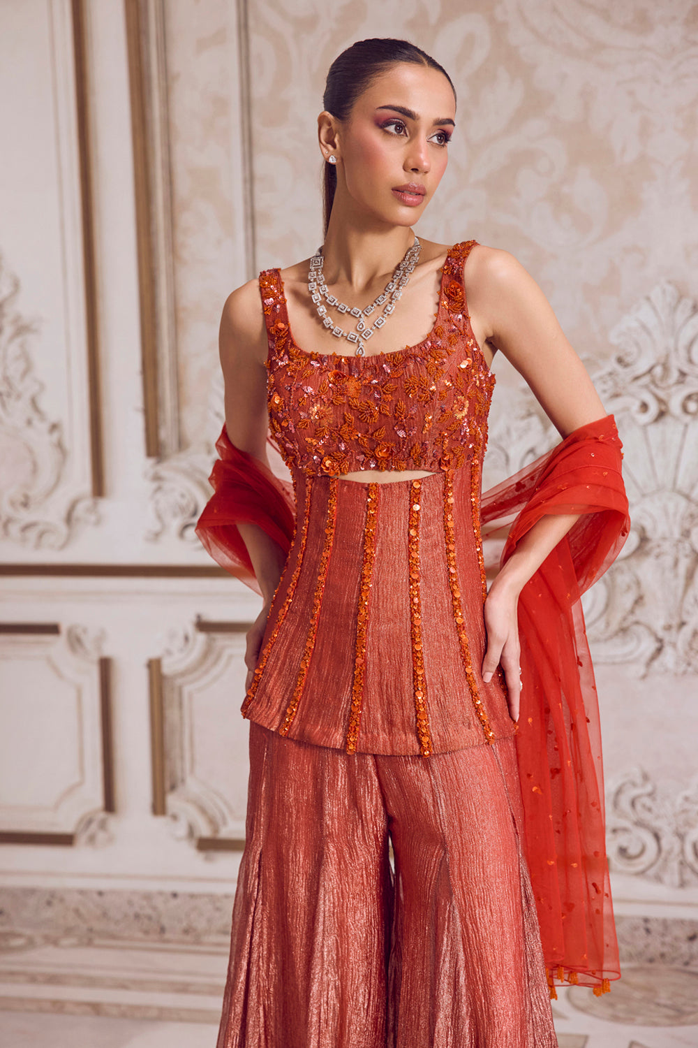 Sanya Gulati - Rust Crushed Tissue Corset and Sharara Set from Param Sundari