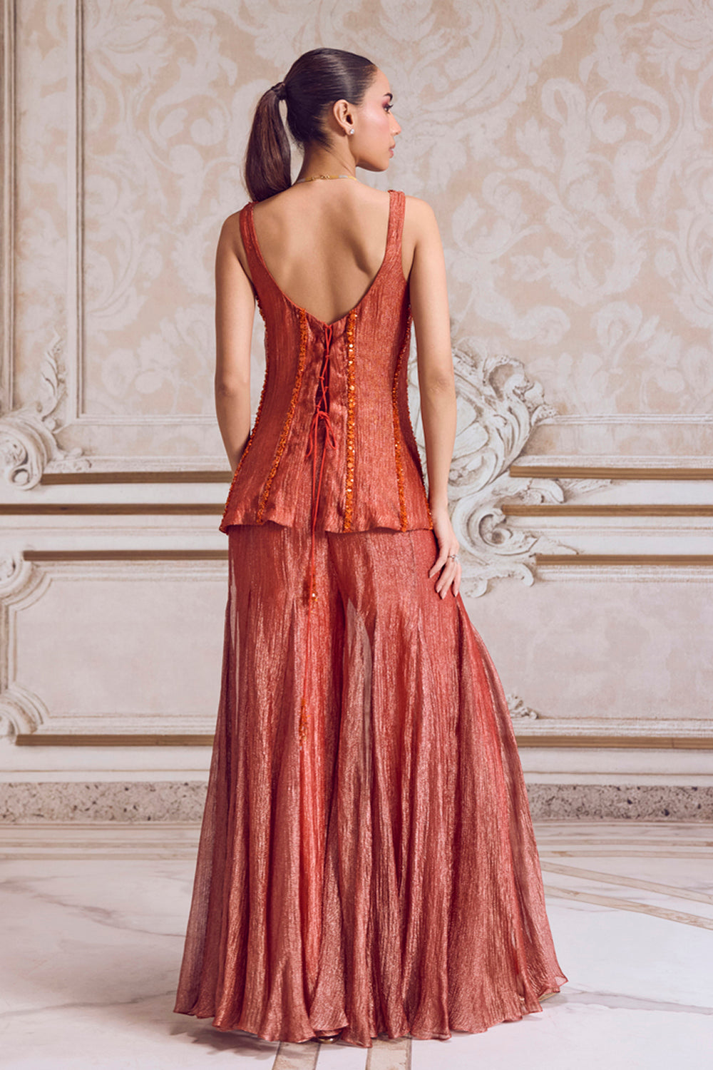 Sanya Gulati - Rust Crushed Tissue Corset and Sharara Set from Param Sundari