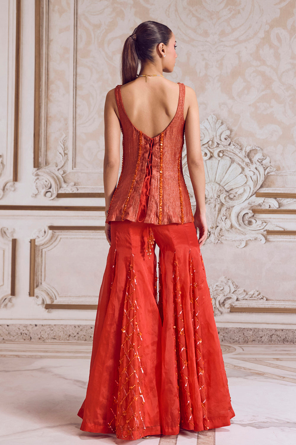 Sanya Gulati - Rust Crushed Tissue Corset With Organza Sharara Set from Param Sundari