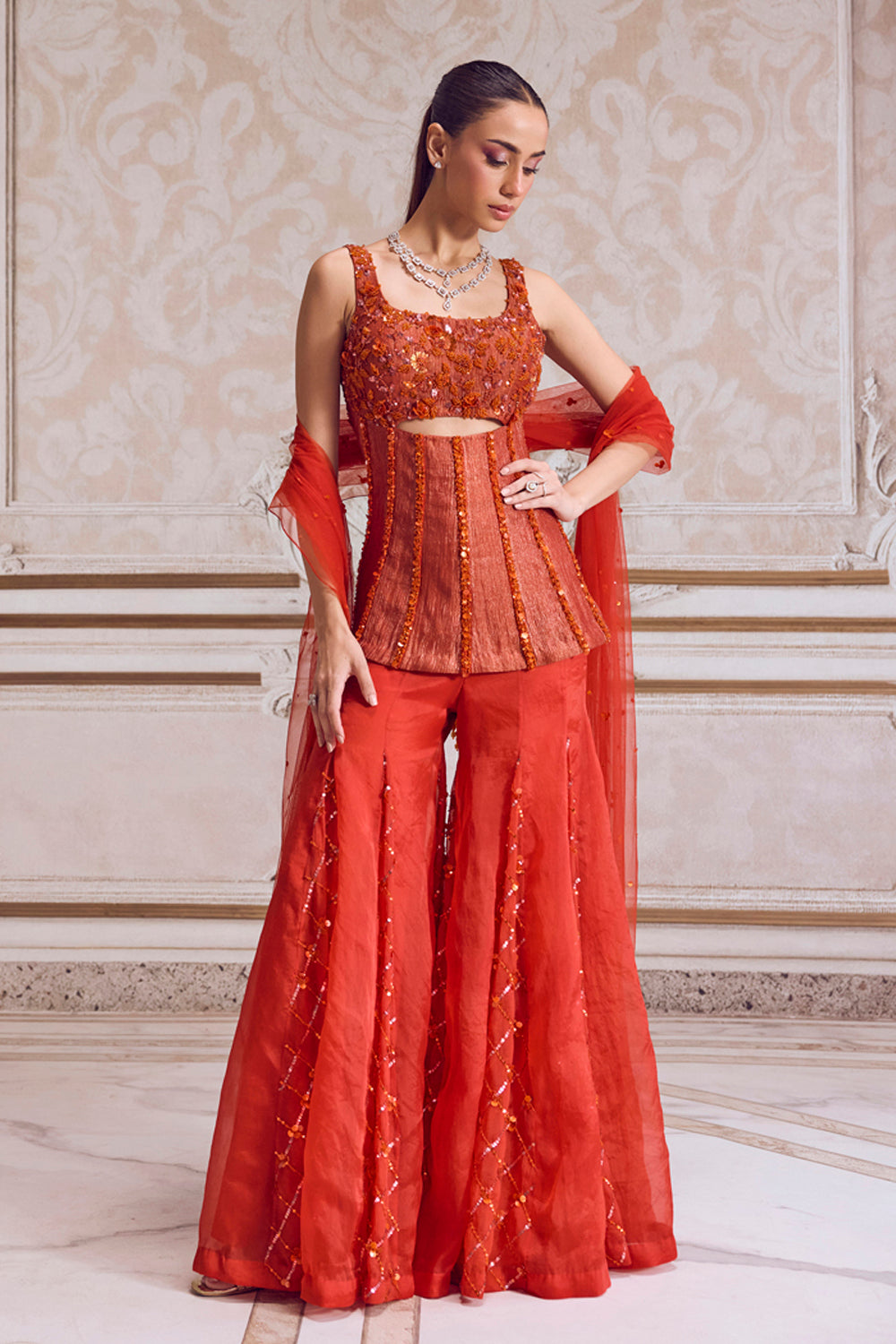 Sanya Gulati - Rust Crushed Tissue Corset With Organza Sharara Set from Param Sundari