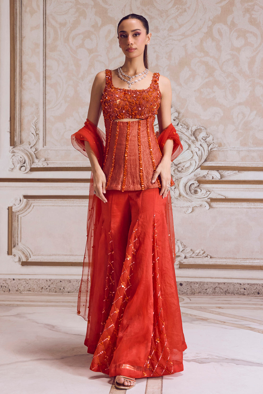 Sanya Gulati - Rust Crushed Tissue Corset With Organza Sharara Set from Param Sundari