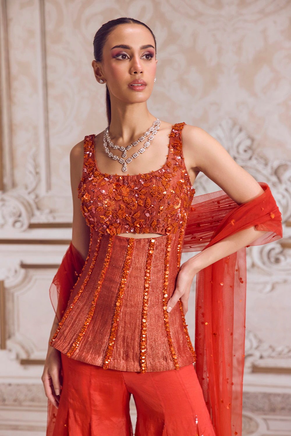 Sanya Gulati - Rust Crushed Tissue Corset With Organza Sharara Set from Param Sundari