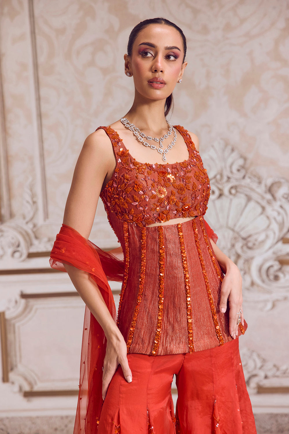 Sanya Gulati - Rust Crushed Tissue Corset With Organza Sharara Set from Param Sundari