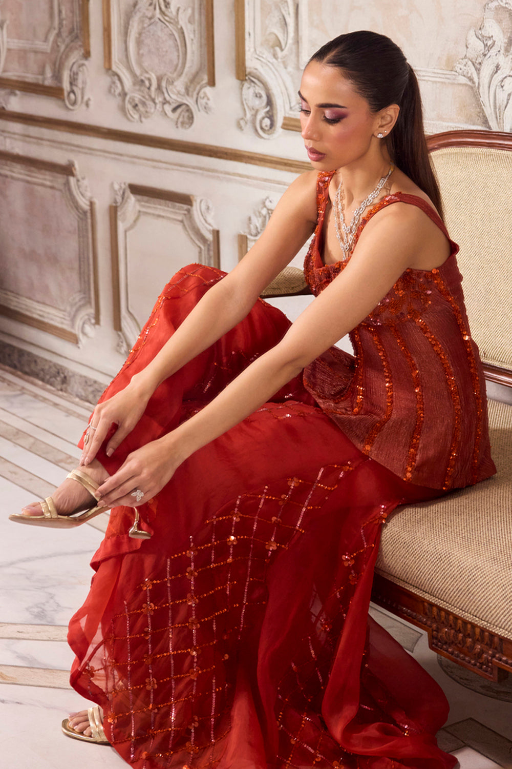 Sanya Gulati - Rust Crushed Tissue Corset With Organza Sharara Set from Param Sundari