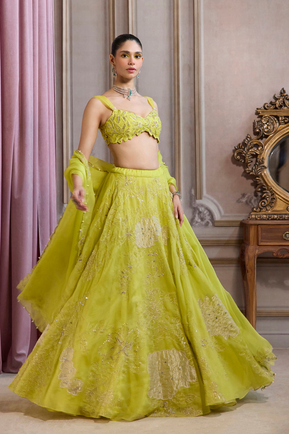 Sanya Gulati - Neon Green Organza Lehenga Set from Param Sundari