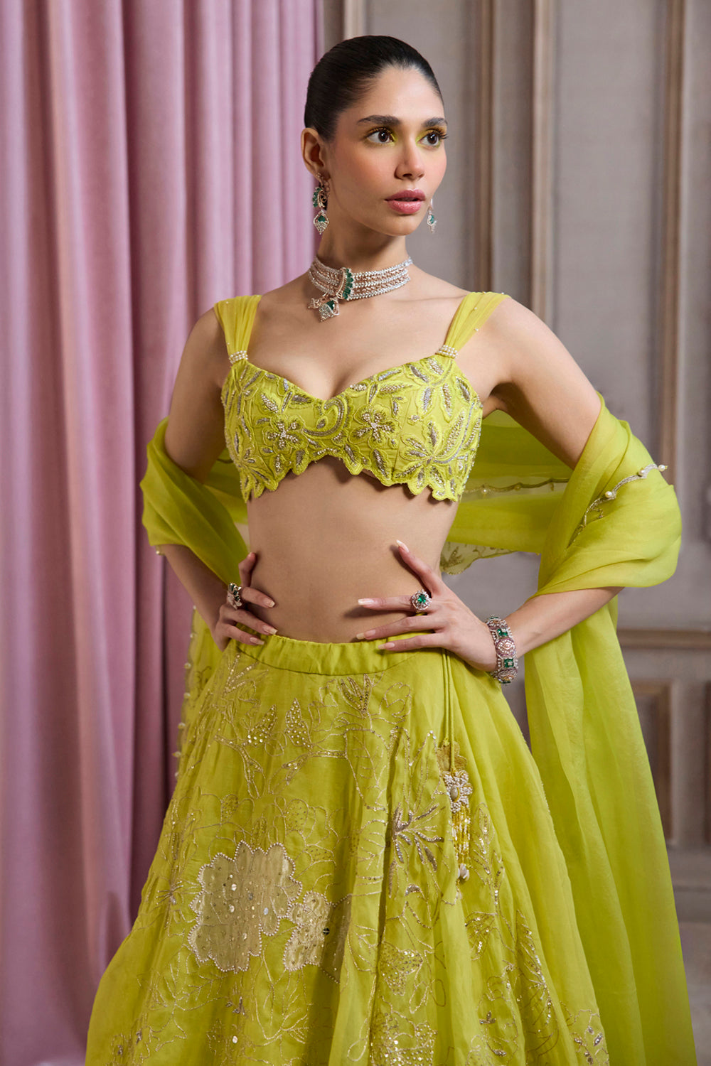 Sanya Gulati - Neon Green Organza Lehenga Set from Param Sundari