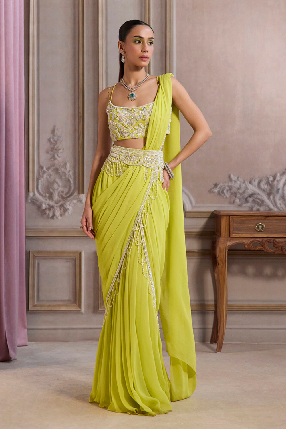 Sanya Gulati - Neon Green Pre-Draped Saree With Bustier and Embroidered Belt from Param Sundari