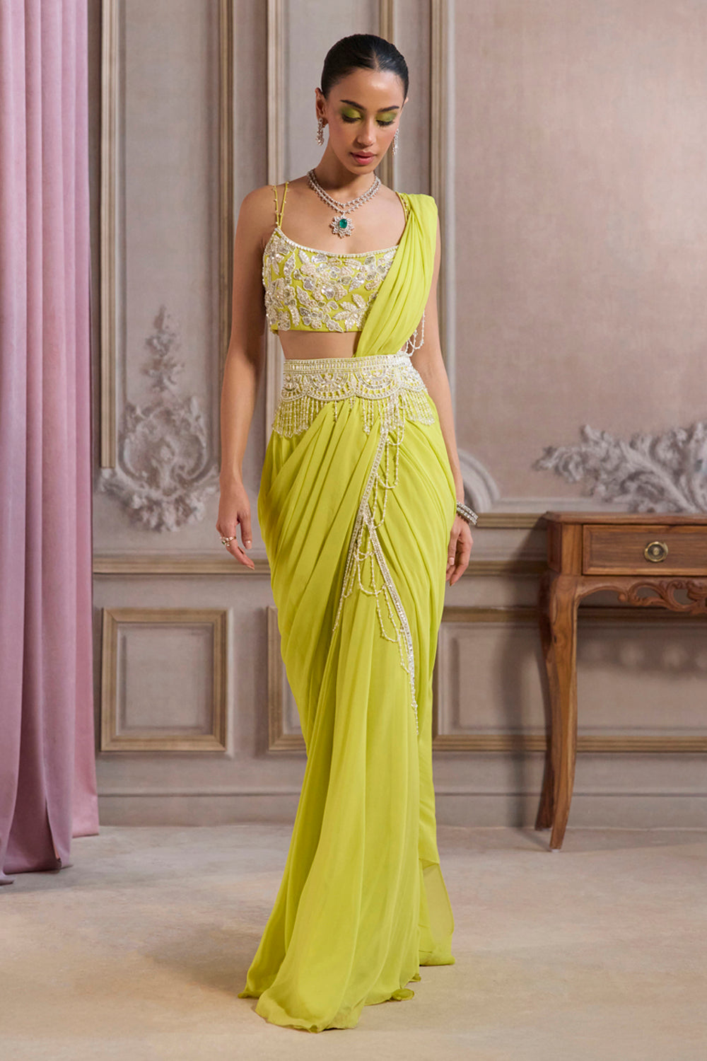 Sanya Gulati - Neon Green Pre-Draped Saree With Bustier and Embroidered Belt from Param Sundari
