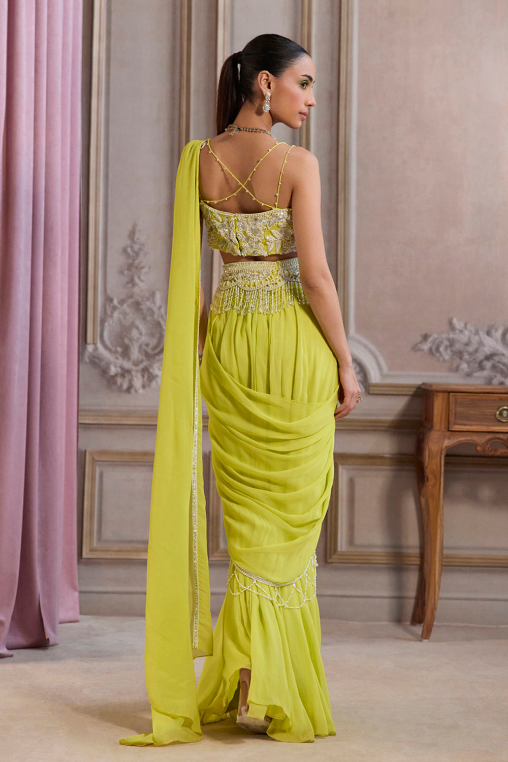 Sanya Gulati - Neon Green Pre-Draped Saree With Bustier and Embroidered Belt from Param Sundari