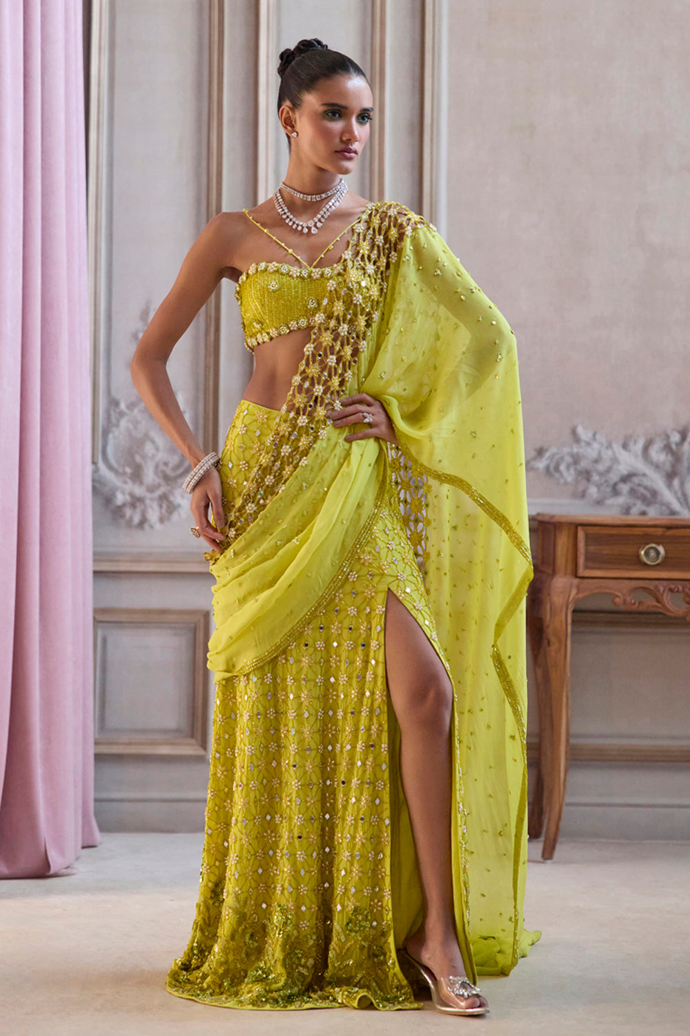 Sanya Gulati - Neon Green Slit Saree With Cutwork Palla from Param Sundari