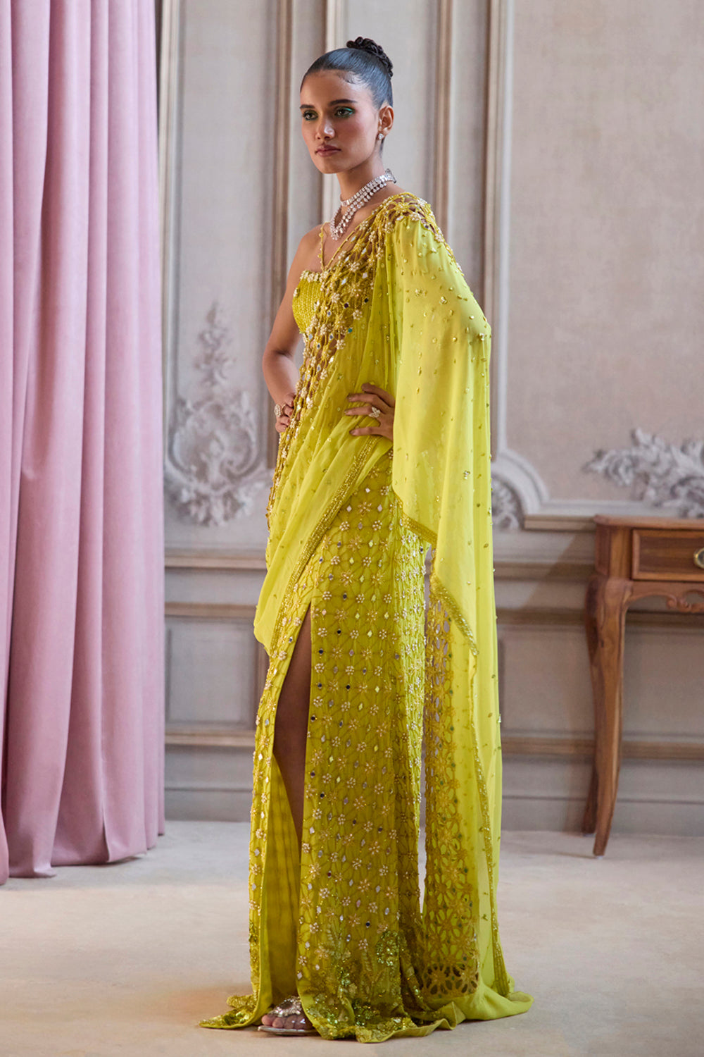 Sanya Gulati - Neon Green Slit Saree With Cutwork Palla from Param Sundari