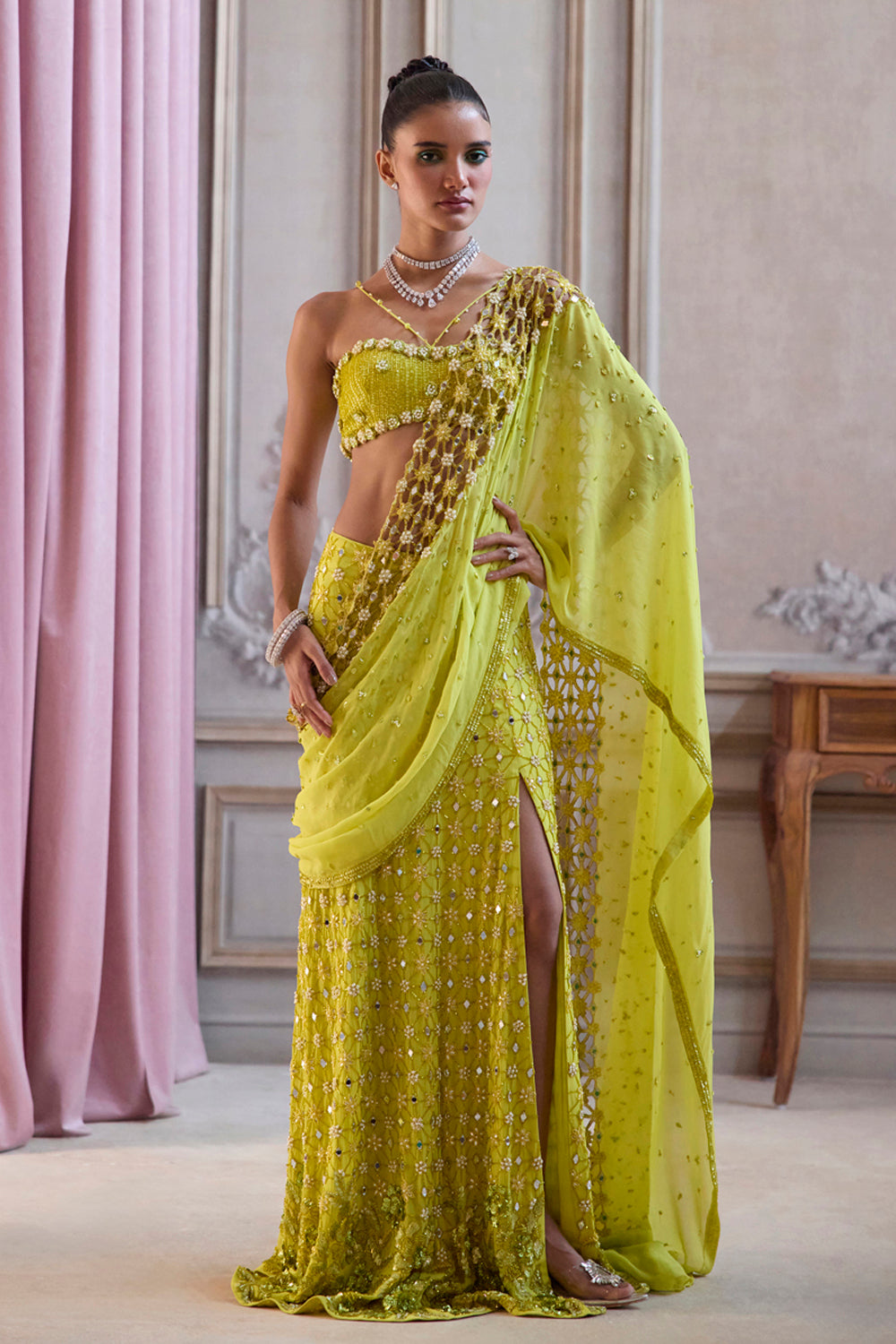 Sanya Gulati - Neon Green Slit Saree With Cutwork Palla from Param Sundari