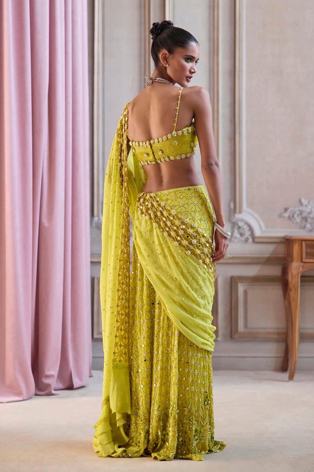 Sanya Gulati - Neon Green Slit Saree With Cutwork Palla from Param Sundari