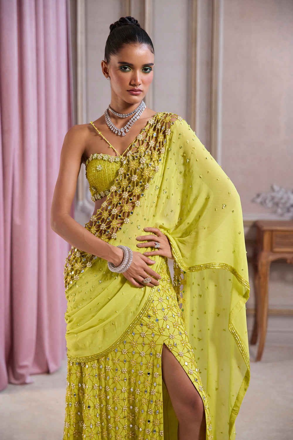 Sanya Gulati - Neon Green Slit Saree With Cutwork Palla from Param Sundari