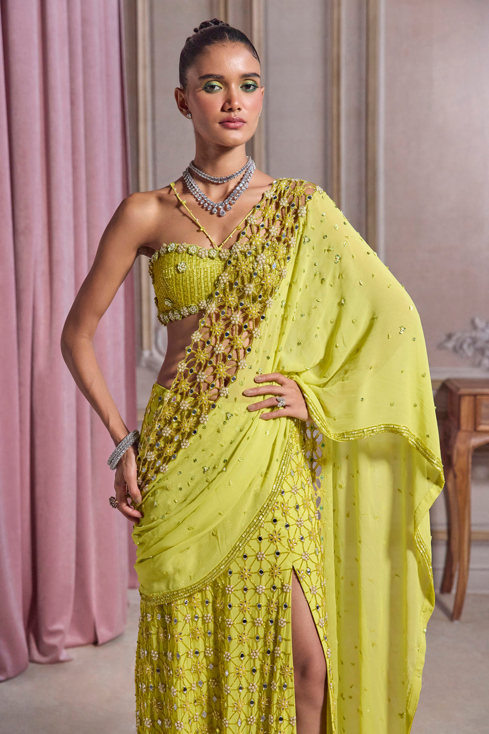 Sanya Gulati - Neon Green Slit Saree With Cutwork Palla from Param Sundari