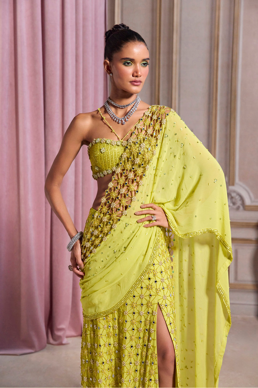 Sanya Gulati - Neon Green Slit Saree With Cutwork Palla from Param Sundari