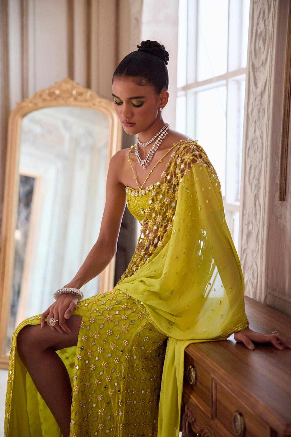 Sanya Gulati - Neon Green Slit Saree With Cutwork Palla from Param Sundari
