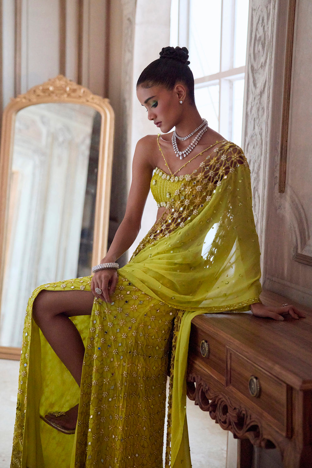 Sanya Gulati - Neon Green Slit Saree With Cutwork Palla from Param Sundari