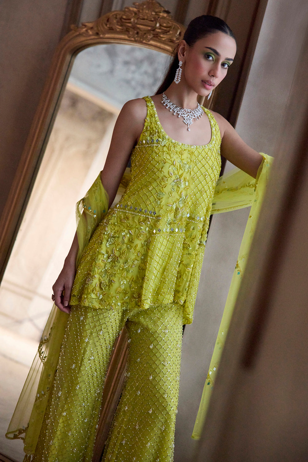 Sanya Gulati - Neon Green Short Kurta and Pants Set from Param Sundari