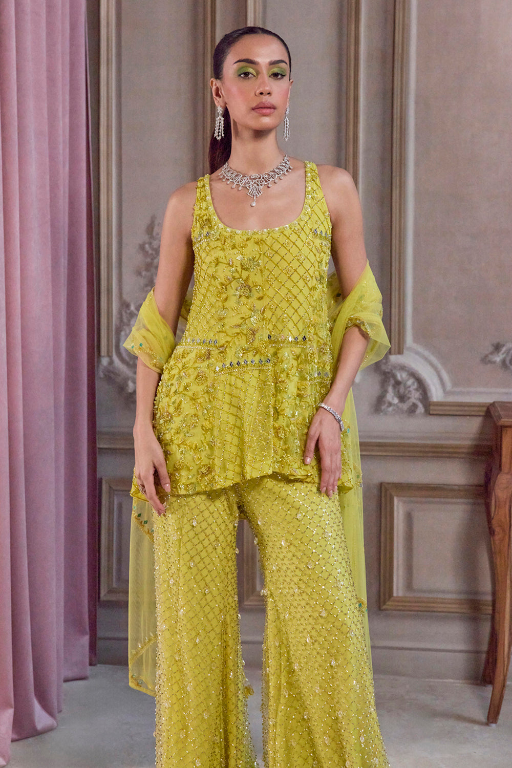 Sanya Gulati - Neon Green Short Kurta and Pants Set from Param Sundari
