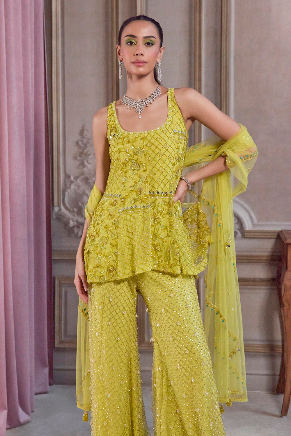Sanya Gulati - Neon Green Short Kurta and Pants Set from Param Sundari