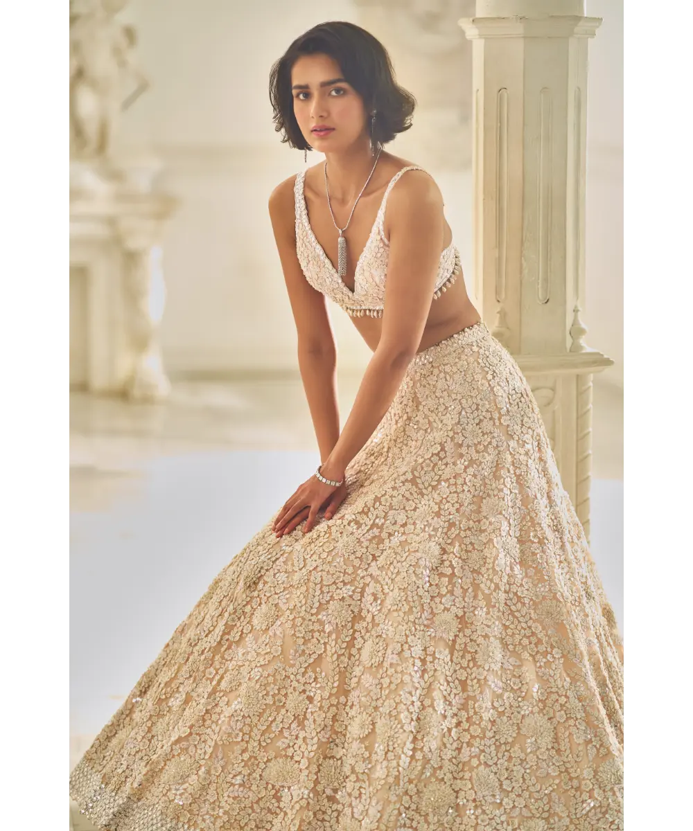 SEEMA GUJRAL- Powder Pink Three-Dimensional Lehenga Set