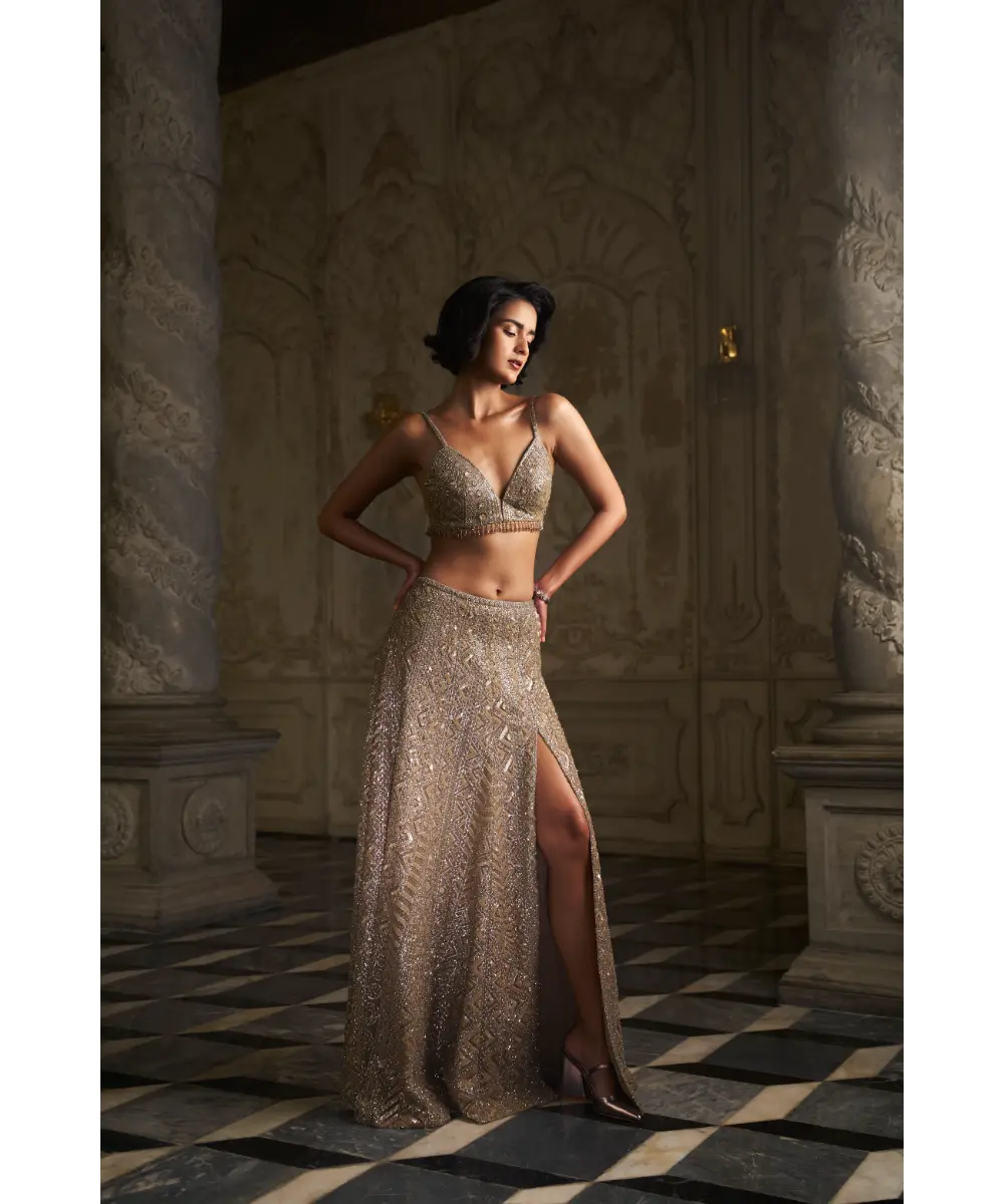 SEEMA GUJRAL- Nude Sequin Skirt Set
