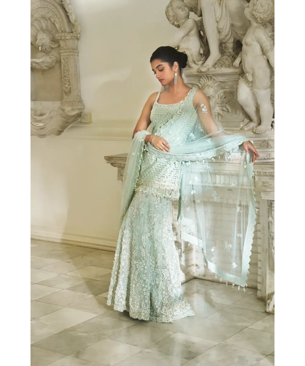 SEEMA GUJRAL- Mint Green Three-Dimensional Sharara Set