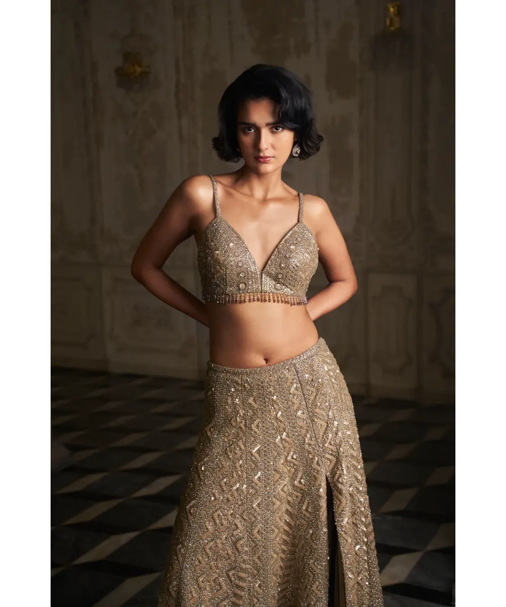 SEEMA GUJRAL- Nude Sequin Skirt Set