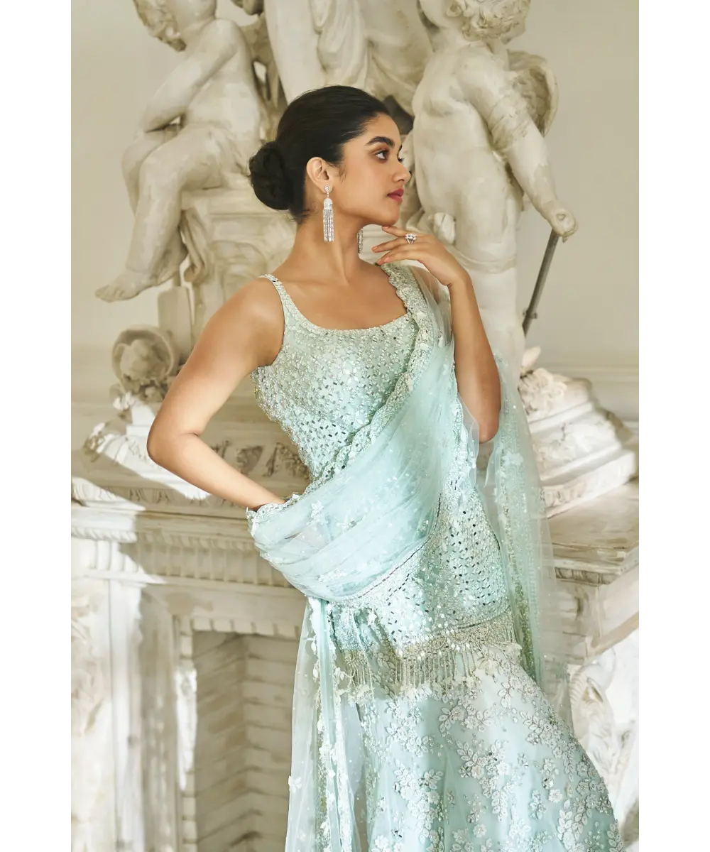 SEEMA GUJRAL- Mint Green Three-Dimensional Sharara Set