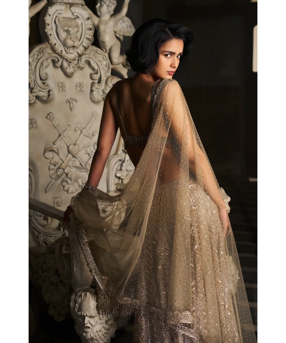 SEEMA GUJRAL- Nude Sequin Skirt Set