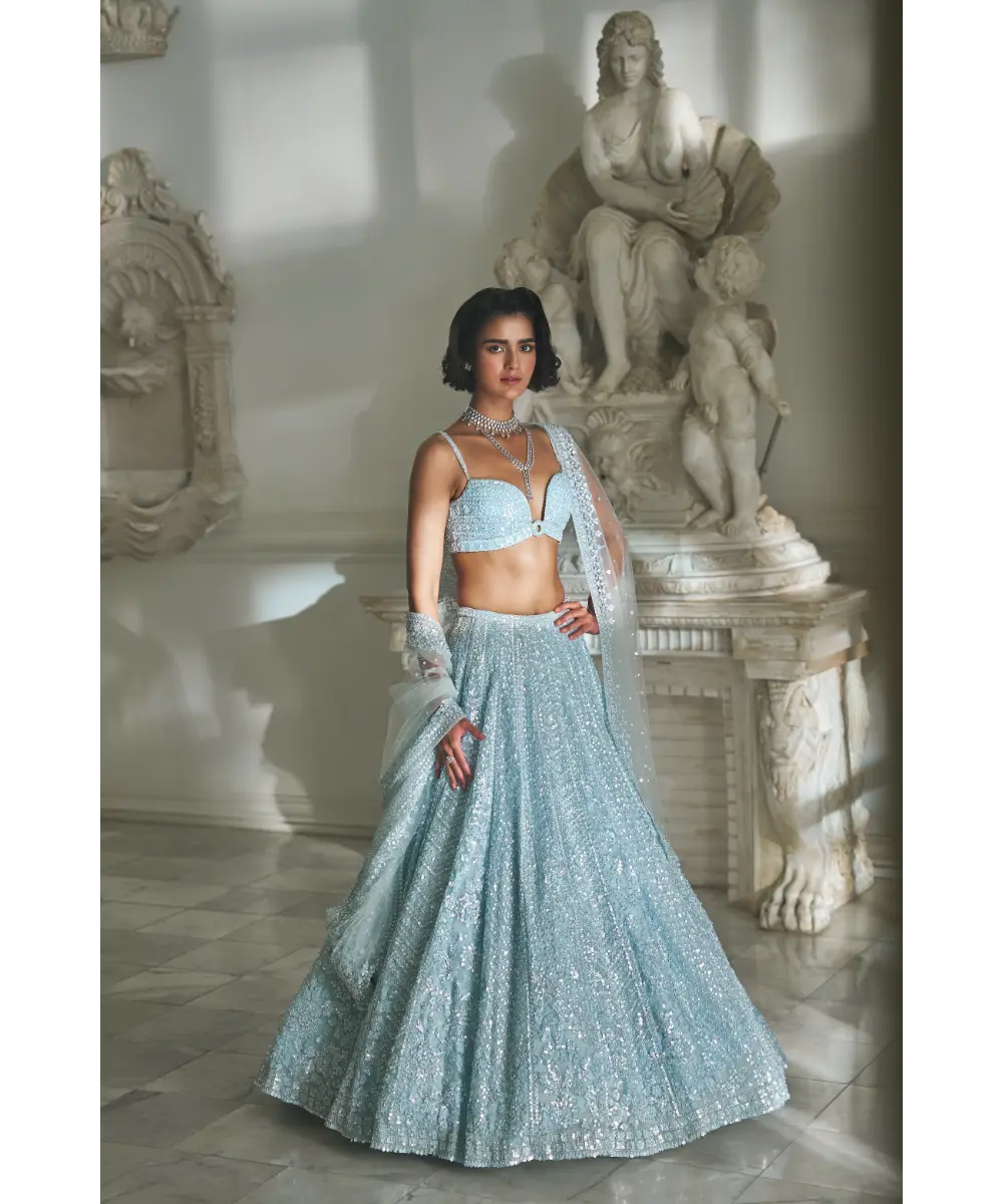 SEEMA GUJRAL- Powder Blue Sequin Lehenga Set